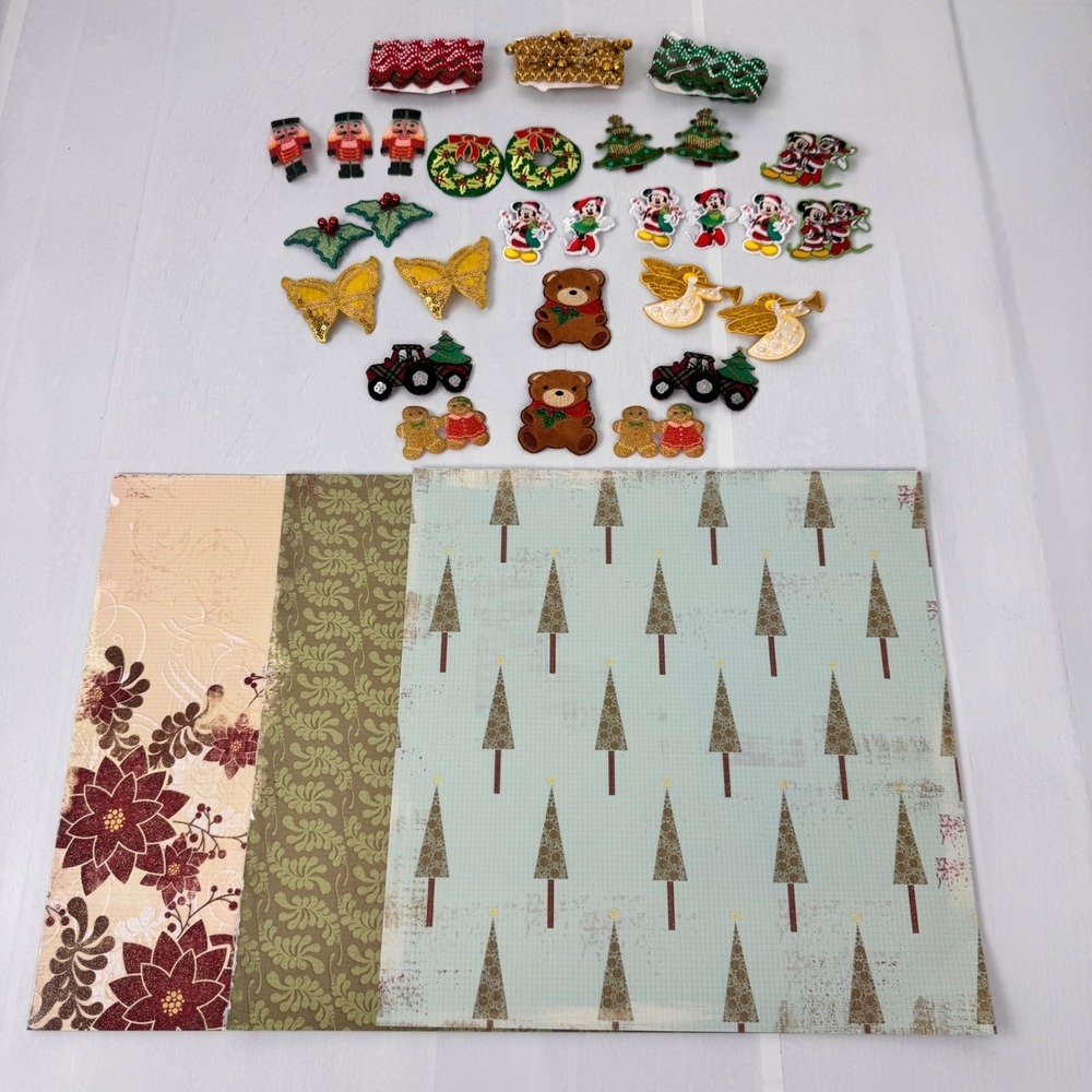 Christmas Holiday Craft Lot Patches Ric Rac Trim Mickey Mouse Scrapbook Paper